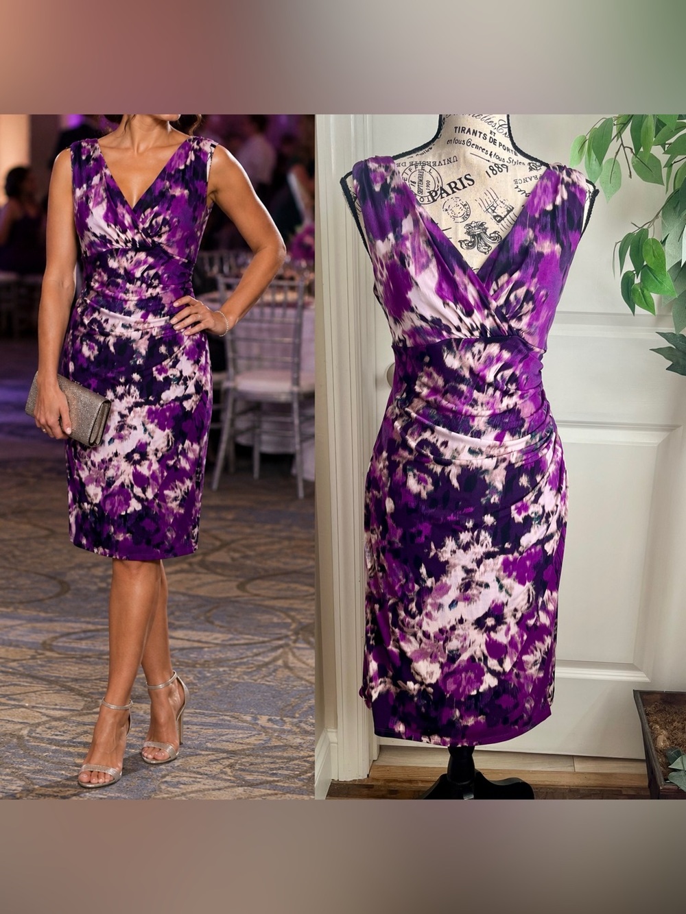 Lauren Ralph Lauren Floral Sleeveless Ruched Sheath Dress Purple Sz 10